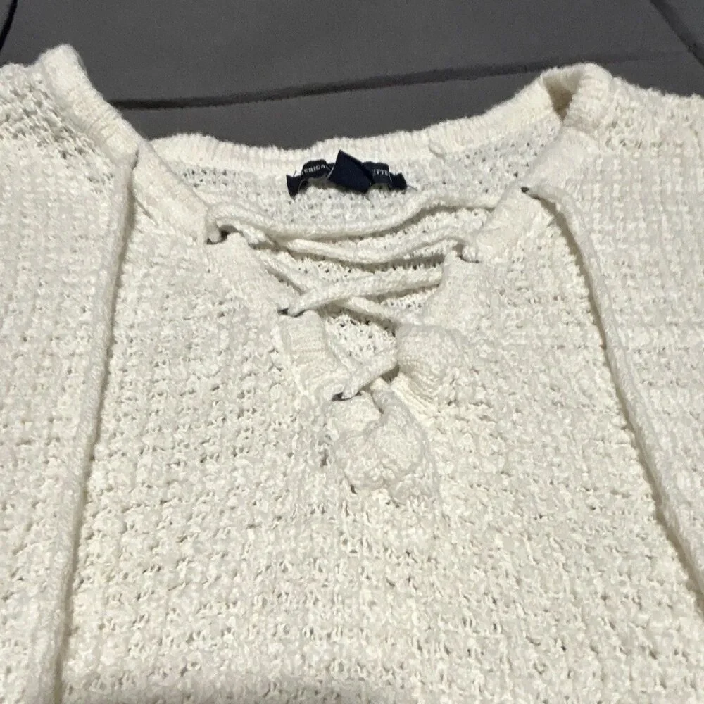 American Eagle Outfitters Women's Ivory V-Neck Lace-Up Knit Pullover Sweater XS